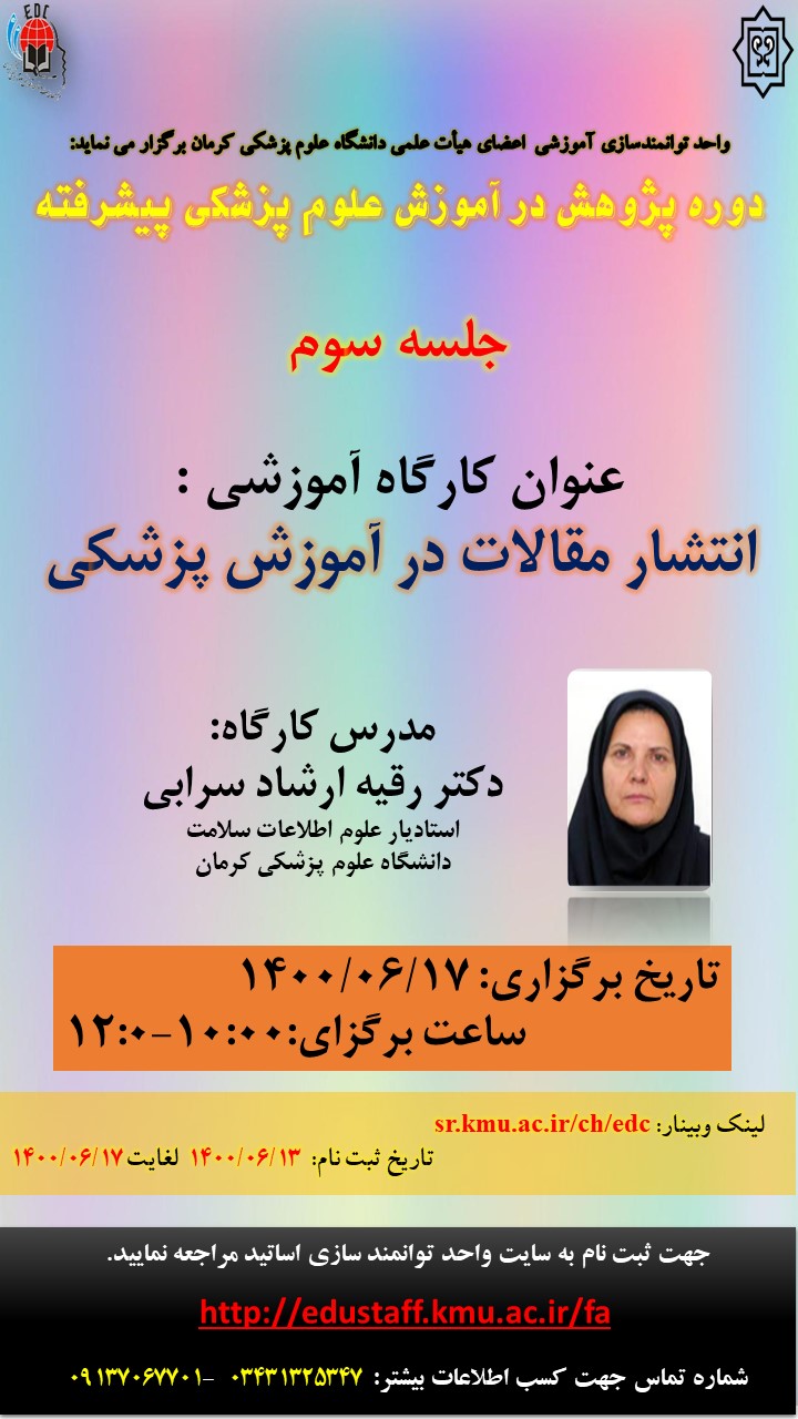 عنوان کارگاه آموزشی : انتشار مقالات در آموزش پزشکی( جلسه سوم)- مورخ 17/6/1400- 62 نفر