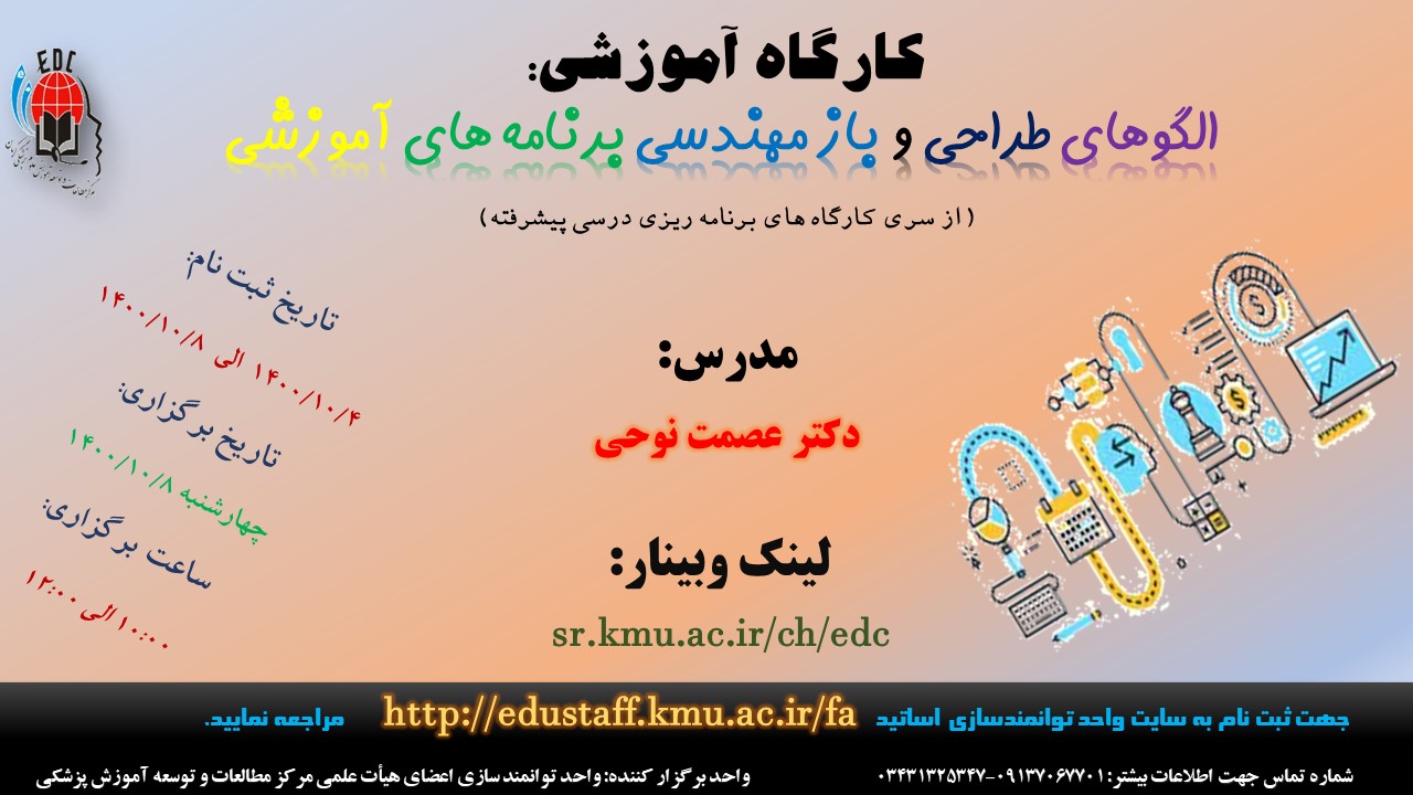 کارگاه آموزشی:  الگوهای طراحی و باز مهندسی برنامه های آموزشی  (از سری کارگاه های برنامه ریزی درسی پیشرفته)- 8/10/1400- 48 نفر